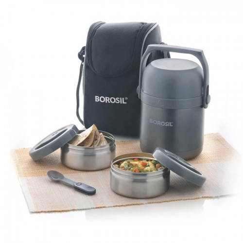 Borosil Hot N Fresh Stainless Steel  Food Storage Container Tiffin Insulated Lunch Box 1.3L 2 Containers