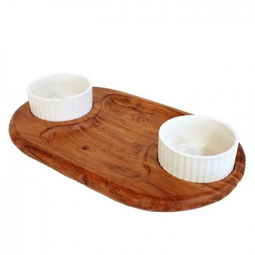Chip & Dip Oval Acai Wood Platter with 2 Bowl 30Cm